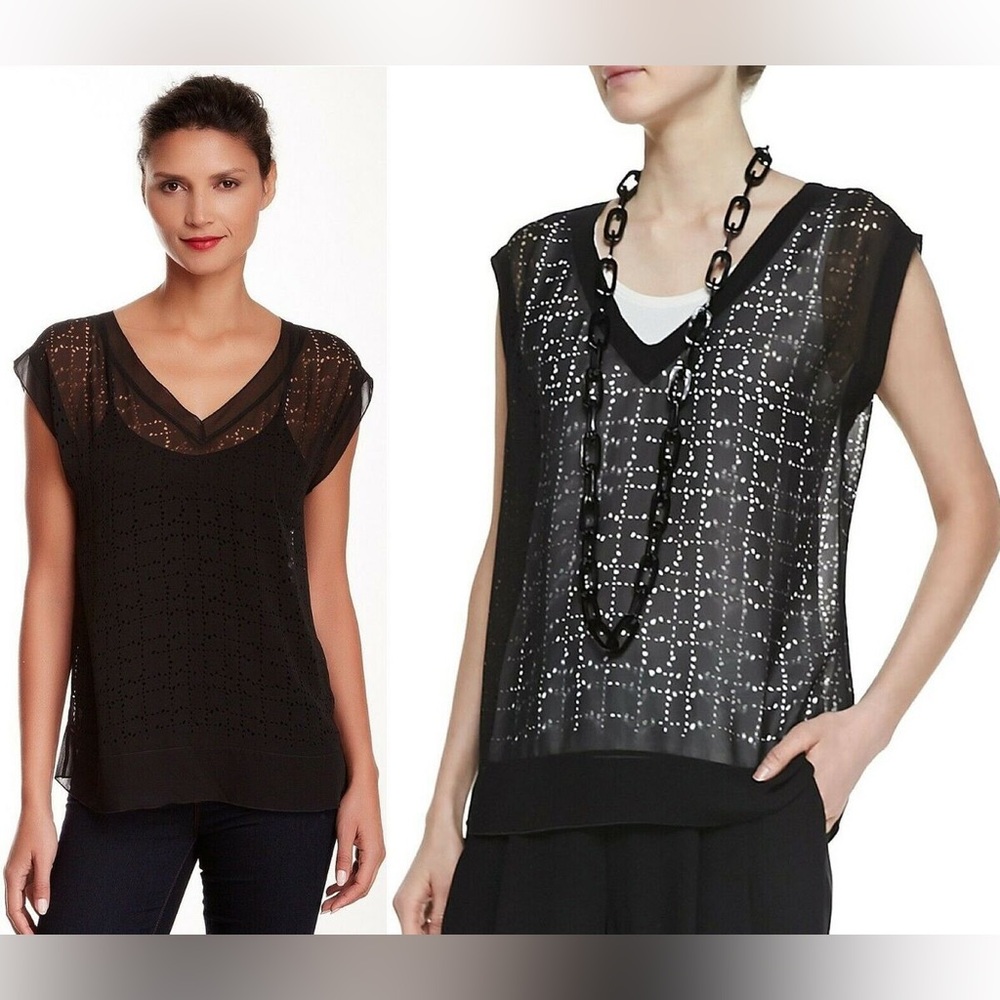 Eileen Fisher Laser Cut Recycled Polyester Chiffon V-Neck Top Black Size Small